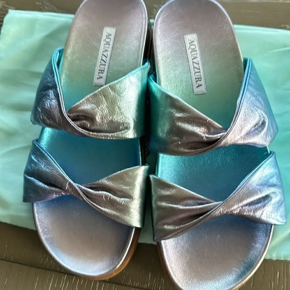 Aquazzura Twist Leather Metallic Blue Sandals Slides Made in Italy Size 38 NWOB